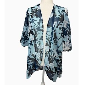 Womens L Blue Floral Bird Print Sheer Kimono Cardigan Open Front Lightweight Top